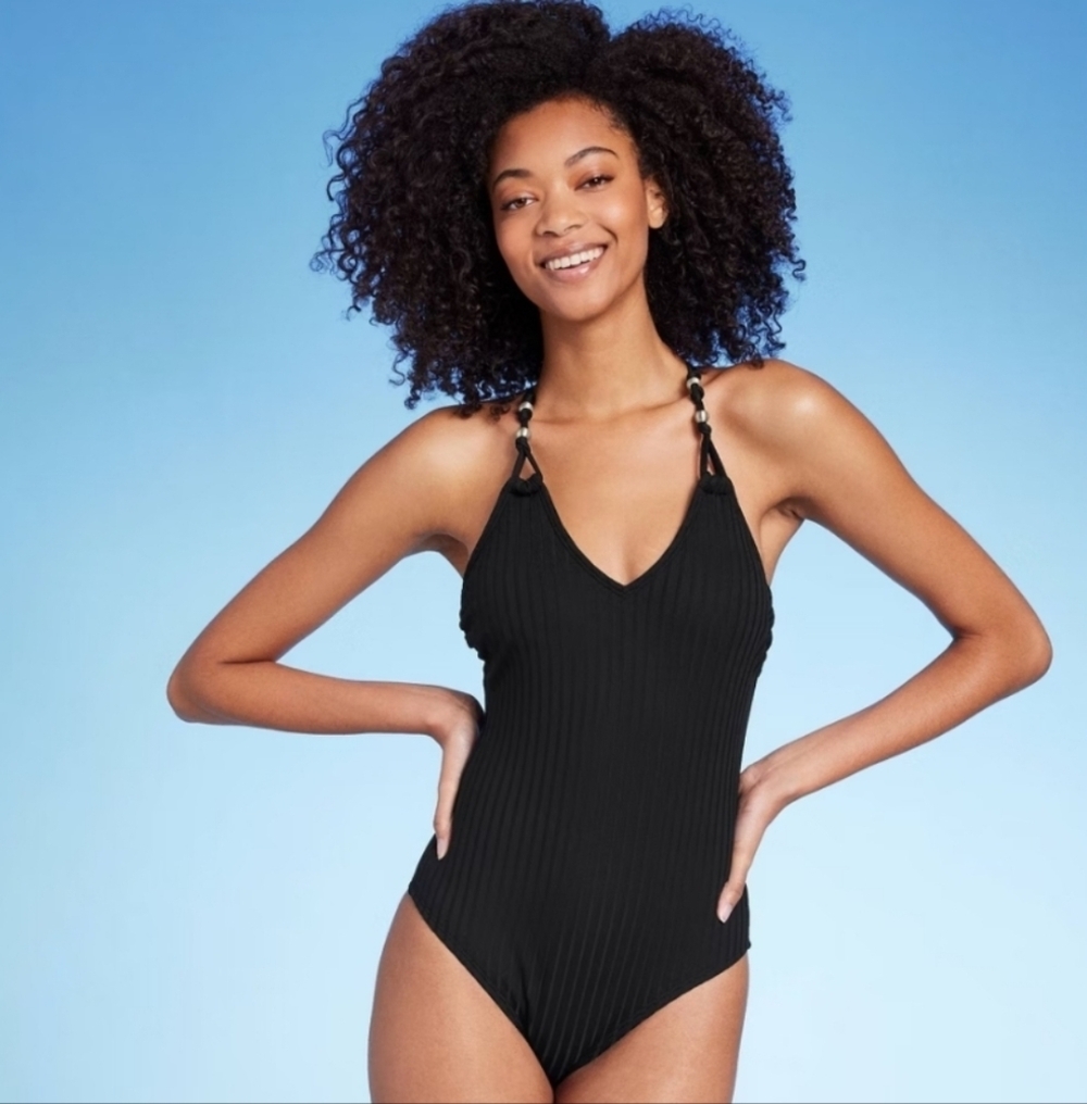 Women's Ribbed Bead Knot Detail One Piece Swimsuit - Shade & Shore Black S